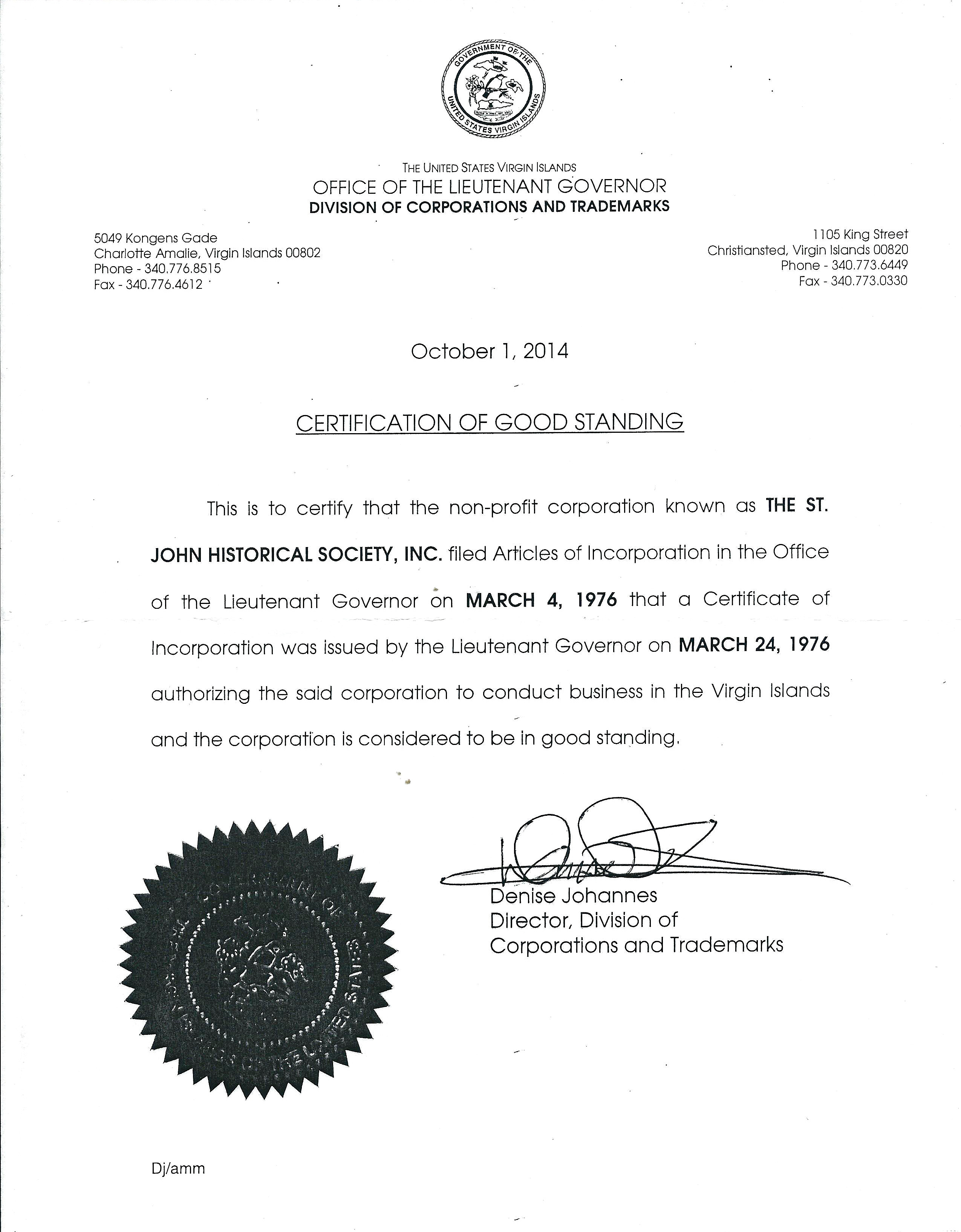 Certificate Of Good Standing Oct. 1 2014 E1413106347815 